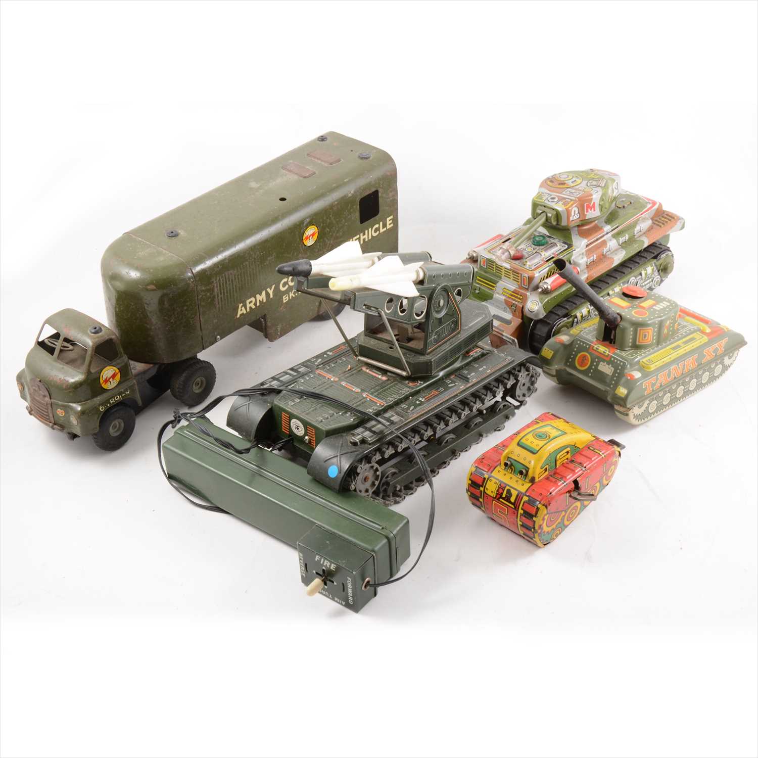 Lot 419 - Five tin-plate military toys, including Tri-ang Army Control Vehicle, MS-58 battery operated missile launching tank etc