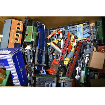 Lot 42 - Two boxes of model railway accessories, parts, spares, tin-plate O gauge buildings, die-cast trains, track-side scenery and others.