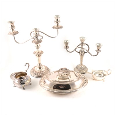 Lot 187 - Silver-plated ware; a collection including two oval trays, three-light candelabra, etc