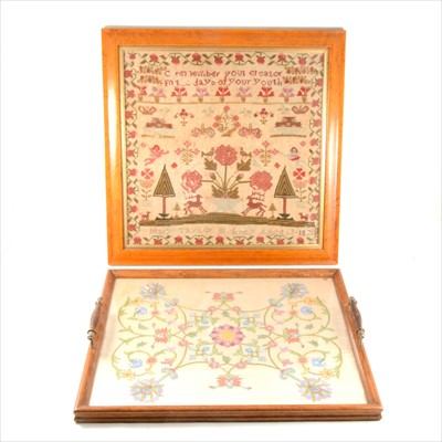 Lot 219 - A George IV needlework sampler, Mary Taylor aged 12, 1828, and an embroidered tray