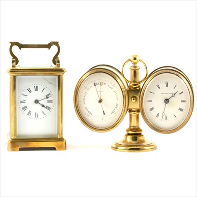 Lot 88 - A modern French brass cased carriage clock, and a desktop clock barometer, signed Pace, Keen & Pace, Plymouth.