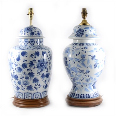 Lot 274 - Chinese blue and white baluster-shape table lamp base, and another