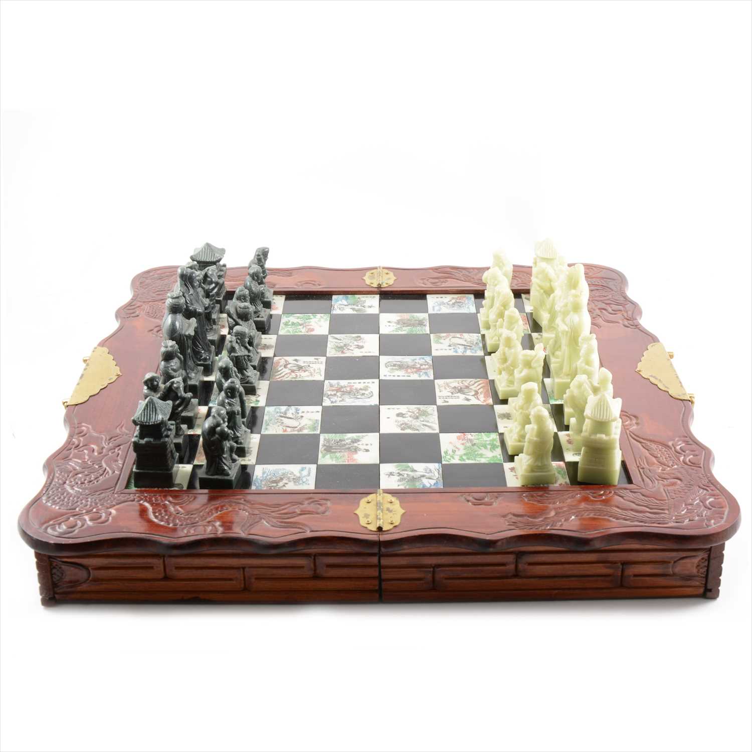 Lot 116 - Modern Chinese chessboard, porcelain chequerboard with simulated carved figural chess pieces.