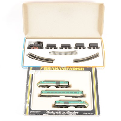 Lot 98 - N gauge model railway locomotives; Graham Farish no.371475 HST 125 43047/43058 'Midland Mainline' set, boxed, and a Roco 4002 set with loco, wagons and track.