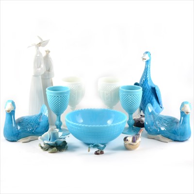 Lot 13 - Two similar press moulded wine glass goblets, pair of turquoise Chinese ducks, etc