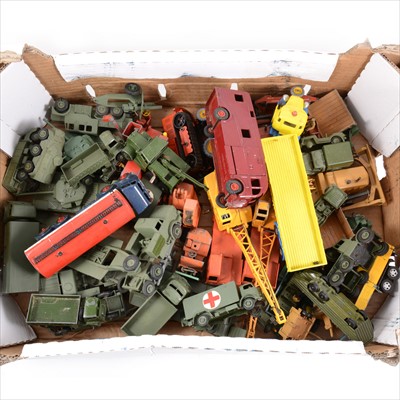 Lot 154 - Die-cast models and vehicles; one box of loose playworn examples, Dinky, Corgi, etc, including Foden petrol tanker 'Regent'
