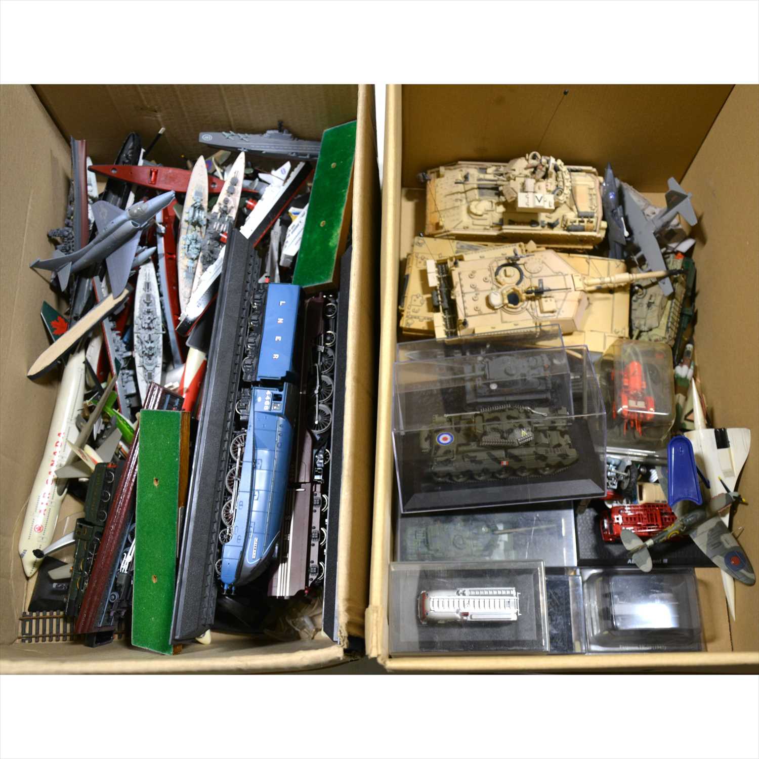 Lot 215 - Two boxes of modern die-cast models; including military tanks, boats, aircraft, tractor and train locomotive models.