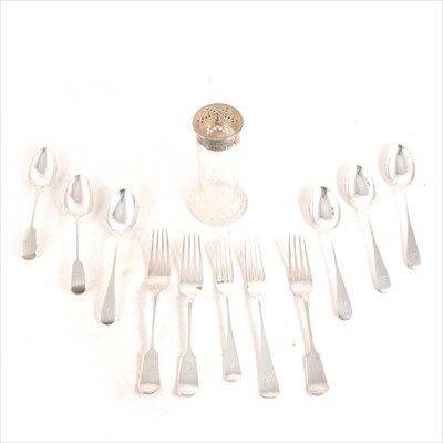 Lot 200 - A collection of mixed silver-plated cutlery Fiddle and Old English Pattern, glass caster.