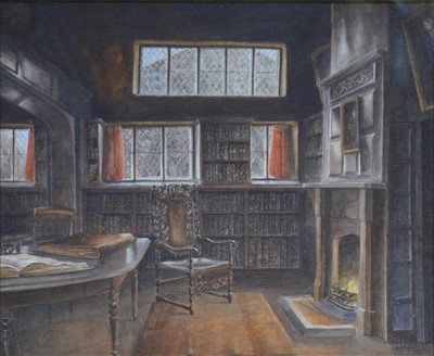 Lot 202 - A H Findley, a library interior, watercolour, 30cm x 38cm.