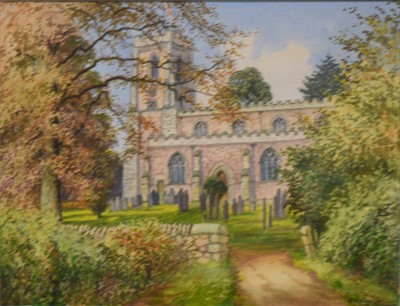 Lot 240 - A H Findley, Stoughton Church, watercolour, and another unsigned work on a blue bell wood.