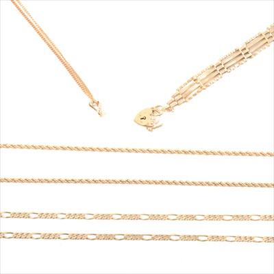 Lot 190 - A collection of 9 carat yellow gold and yellow metal chains and a four bar gate link bracelet.