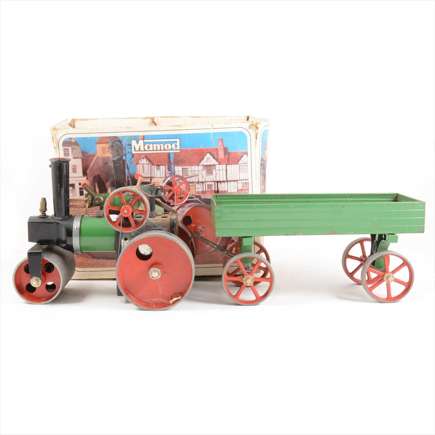 Lot 23 - Mamod live steam; SR1a steam roller engine, boxed and a green trailer wagon, unboxed.