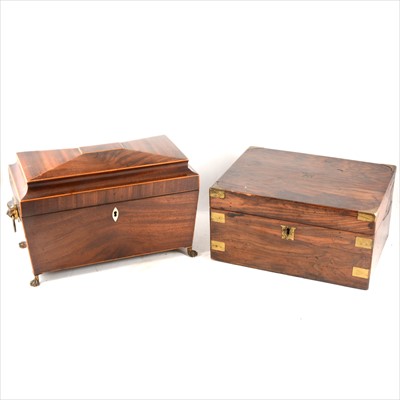 Lot 181 - A Regency mahogany sarcophagus shaped tea caddy, Victorian walnut writing box