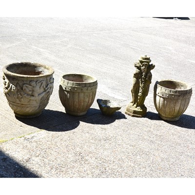 Lot 418 - Pair of concrete planters, another larger planter, and bird bath base and non matching top.