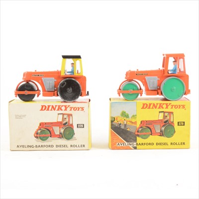 Lot 142 - Dinky Toys; two no.279 Avling-Barford diesel Road Rollers, both boxed, with different box designs.