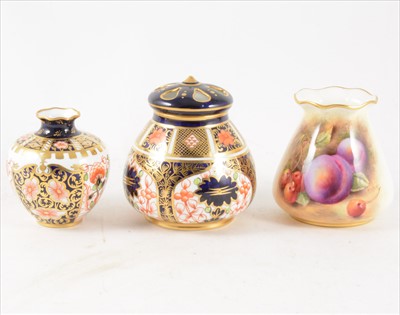 Lot 137 - P M Platt for Royal Worcester hand painted posy pot and two Royal Crown Derby Imari pieces.
