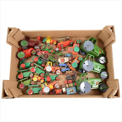 Lot 149 - Die-cast model road rollers and vehicles; one tray full, including (3x) tin-plate Tri-ang Avling Barfords, and Dinky, Matchbox and others.