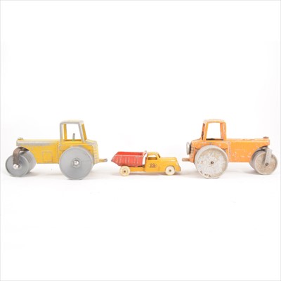 Lot 178 - Three vintage cast metal models; two Jumbo Toys road rollers, 23cm, and one Fun Ho! toy tipper truck, 17cm.