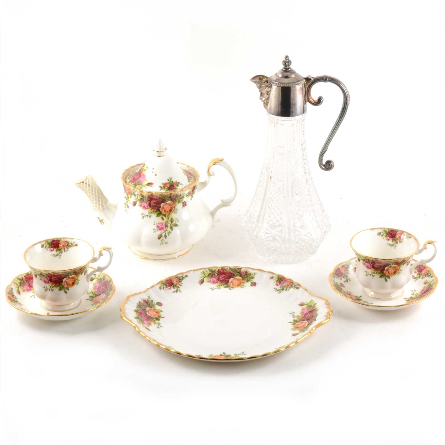 Lot 60 - A Royal Albert tea service, Old Country Roses pattern, and claret jug with silver-plated mounts.