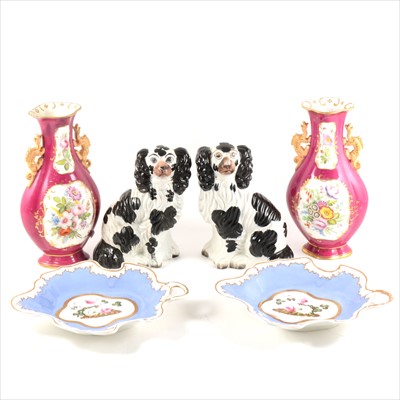 Lot 133 - A pair of Staffordshire dogs, modelled as seated King Charles Spaniels, and other decorative china