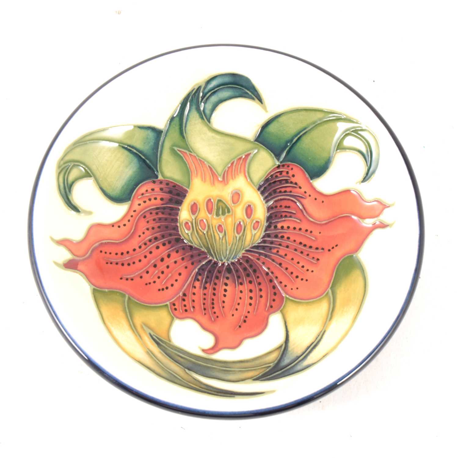 Lot 27 - Moorcroft pottery circular dish, Anna Lily, dated '98, diameter 12cm, boxed.