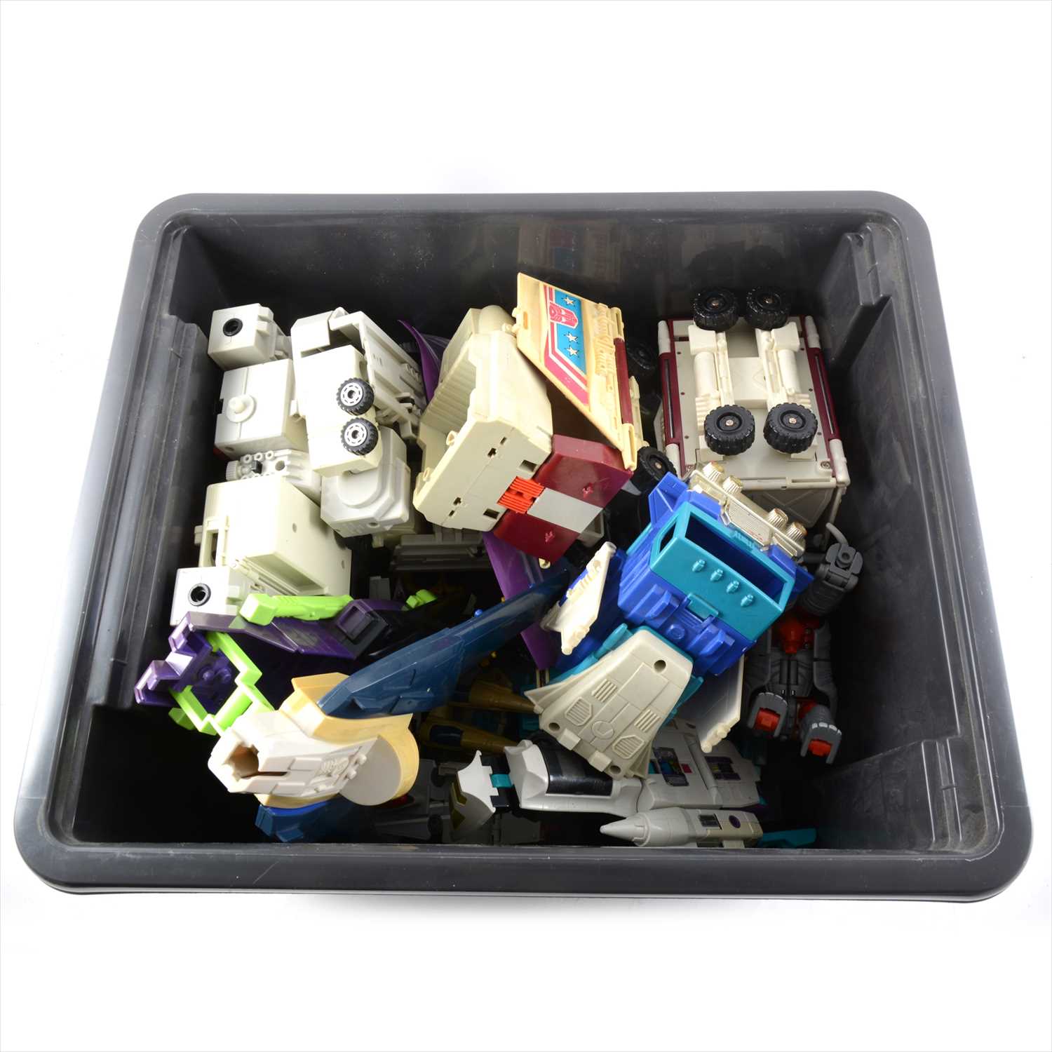 Lot 326 - Vintage Transformers; one tub of loose figures and vehicles, (all a/f).