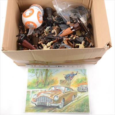 Lot 194 - Modern Star Wars figures; one tray of loose Star Wars figures, and a Walt Howarth print of James Bond 007 Aston Martin DB5, 21cm by 29cm.