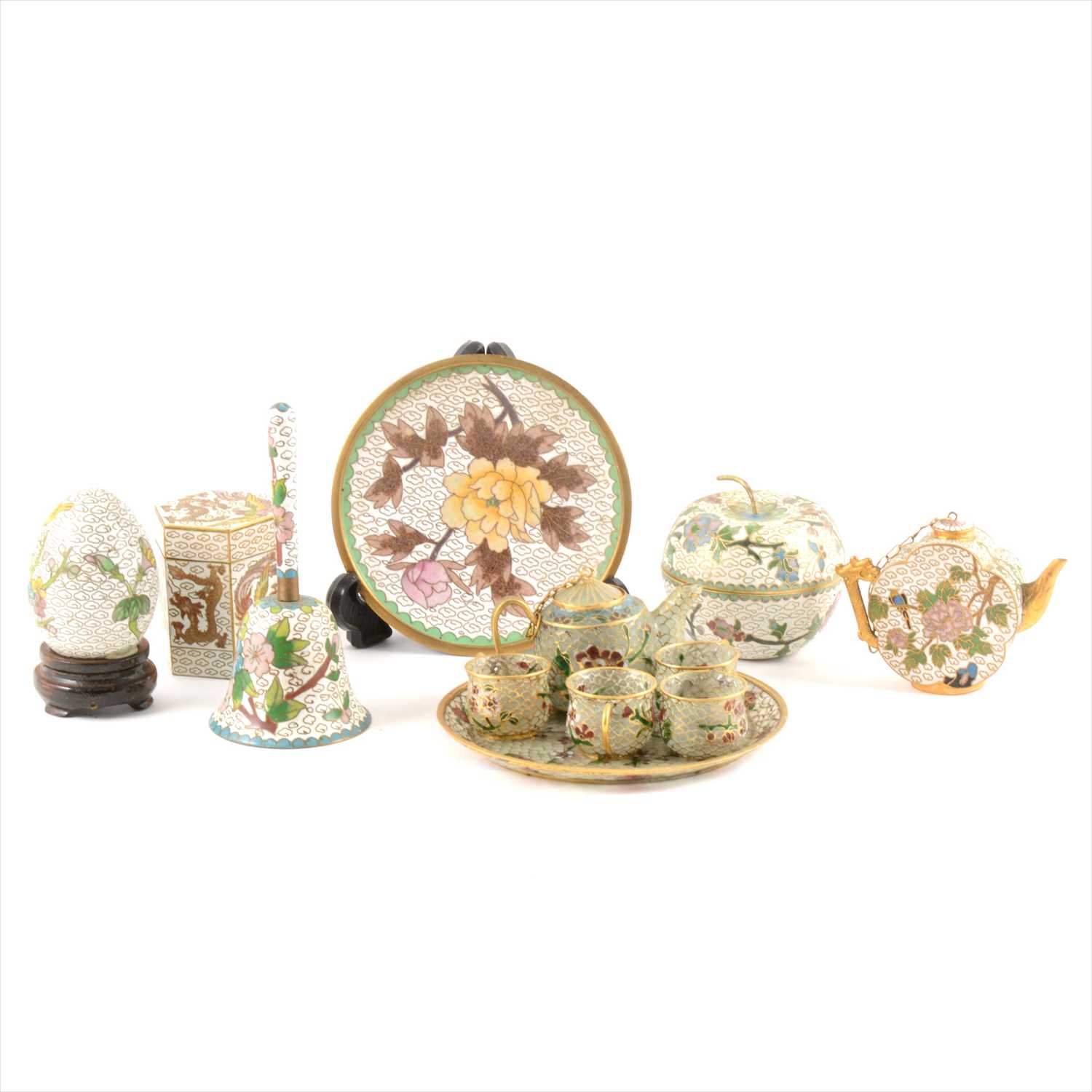 Lot 48 - A collection of small cloisonné items and a miniature plique-à-jour teaset