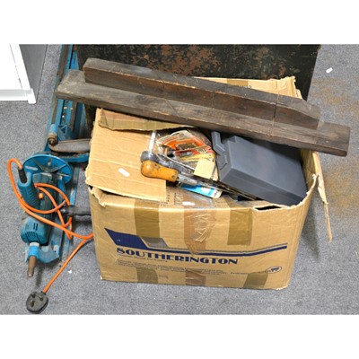 Lot 1607 - A number of hand tools, and a Black and Decker benchtop lathe, contained within a trunk.