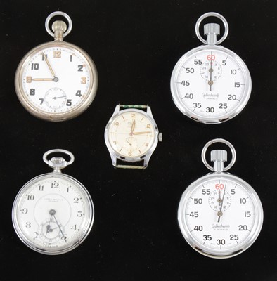 Lot 1377 - Two pocket watches, two stop watches and a wrist watch.