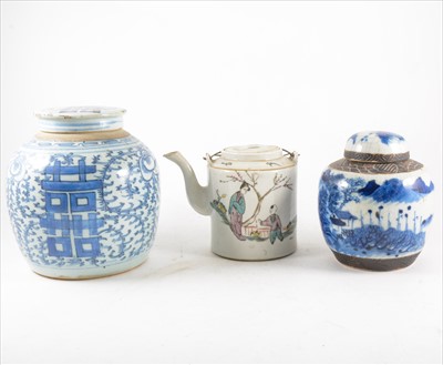 Lot 107 - Chinese polychrome teapot and two blue and white ginger jars