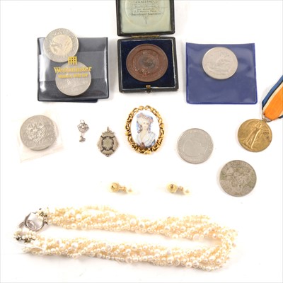 Lot 195 - A five strand freshwater pearl necklace, and assorted medals and coins