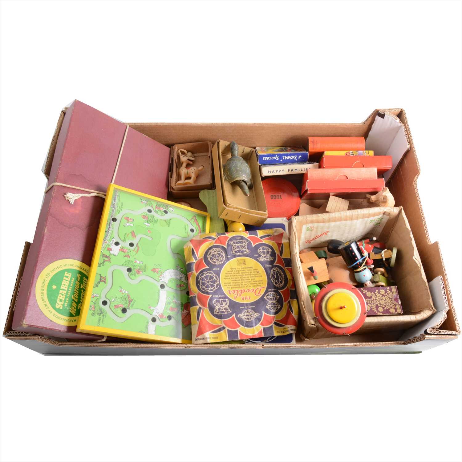 Lot 298 - Vintage toys and games; one box including wooden toys, card games, early plastic toys, etc