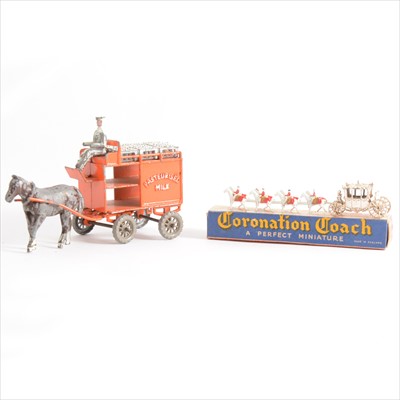Lot 126 - Moko Lesney Toys; two early Matchbox models including 'Pasteurised Milk' wagon float with driver, six crates and horse, and a small Coronation coach, boxed.