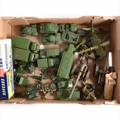 Lot 138 - Military die-cast models and vehicles; Dinky, Britains and others, including cast motorbike 'TTG 147' etc