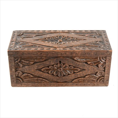 Lot 166 - 19th Century carved oak box containing a quantity of glass marbles.