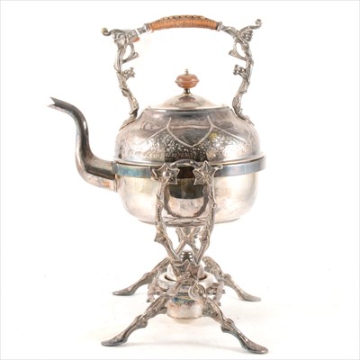 Lot 172 - Edwardian silver plated tea kettle on stand with burner.