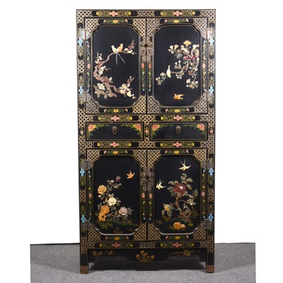 Lot 482A - A Chinese black lacquer mother of pearl and hard-stone inlaid side cabinet