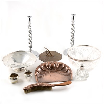 Lot 196 - A glass fruit bowl with hallmarked silver rim, silver-plated pedestal dish, pair of twisted candlesticks,...