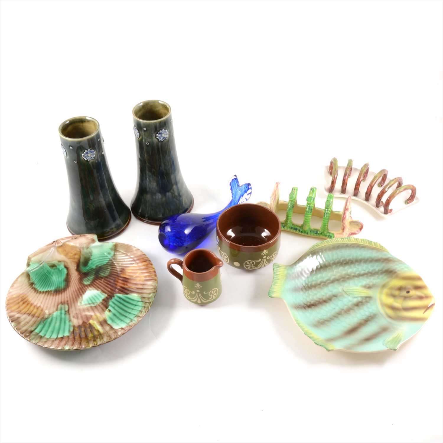 Lot 58 - A tray of plates and decorative ceramics, majolica fish plates, Wedgwood