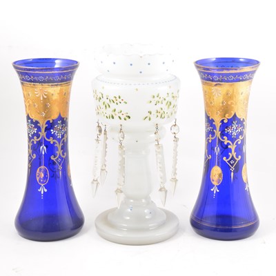 Lot 142 - A pair of Bohemian blue glass and enamelled vases and a Victorian glass lustre