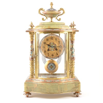 Lot 392 - A French onyx, gilt metal and champleve enamel mantel clock, late 19th century