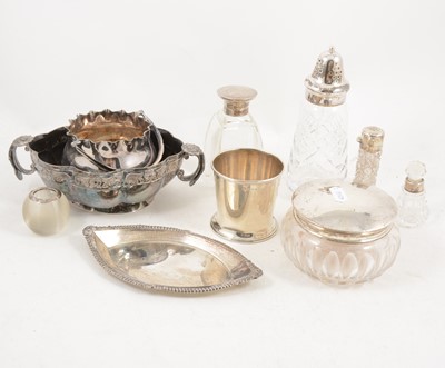 Lot 1174 - A box of mixed silver and plated wares, match striker, cologne bottle, powder bowl.