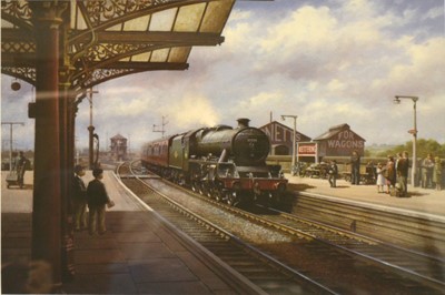Lot 138 - After Don Brecon, 'Calling at Kettering', colour print of the Jubilee class 4-6-0 locomotive no.45684, 'Jutland', framed and glazed.