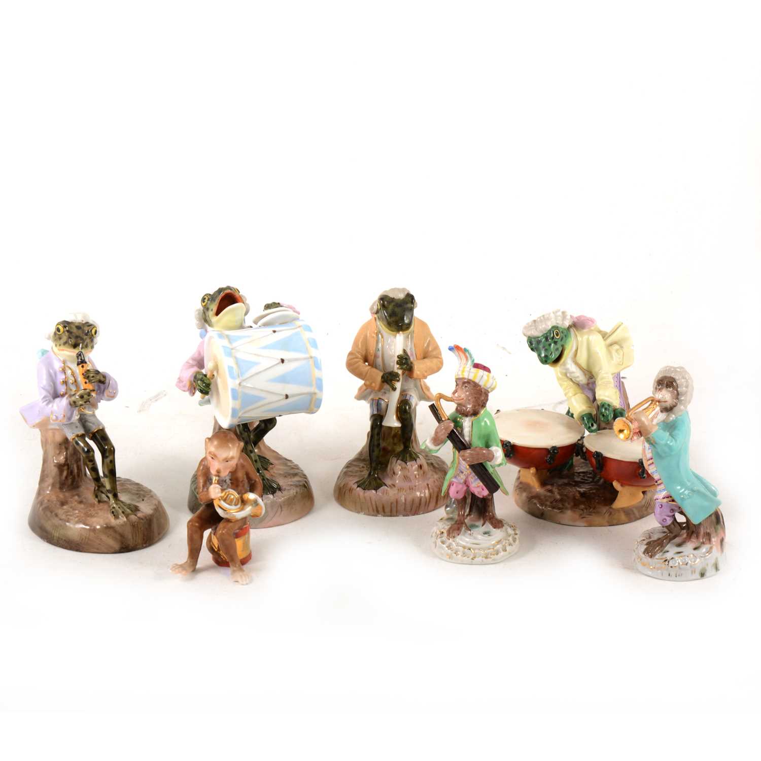 Lot 1005 - Four Sitzendorf porcelain Frog musicians, two Monkey musicians, and another