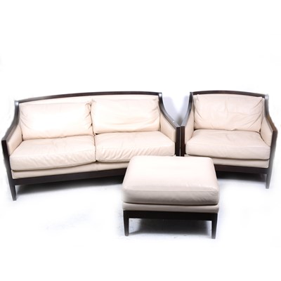 Lot 1600 - A contemporary dark stained beechwood three-piece lounge suite