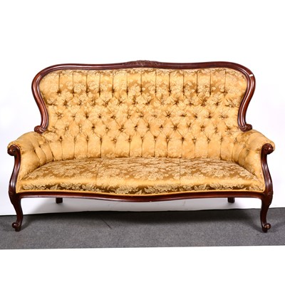 Lot 472 - A Victorian mahogany sofa, upholstered in buttoned Old Gold brocade