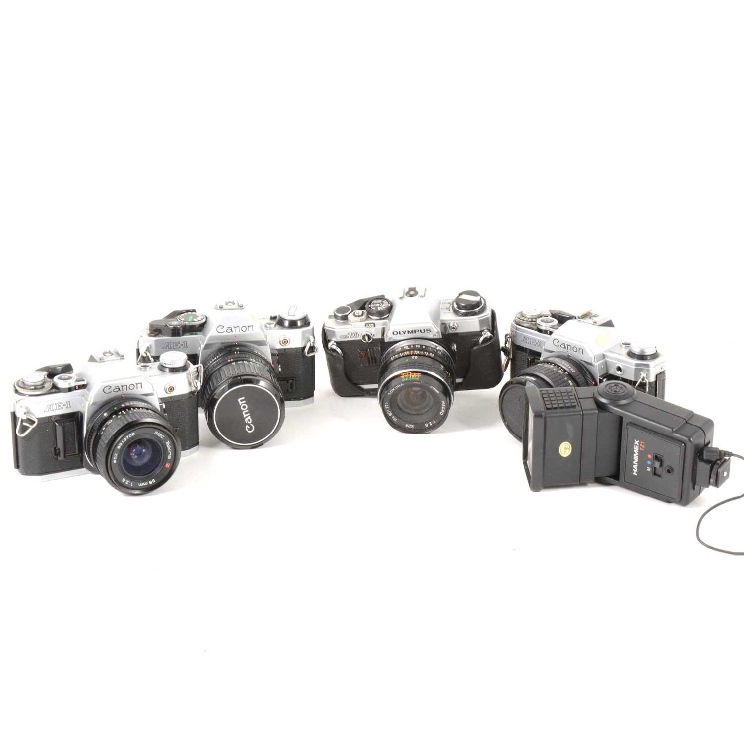 Lot 120 - Three Canon AE-1 35mm SLR cameras, and others, one box.