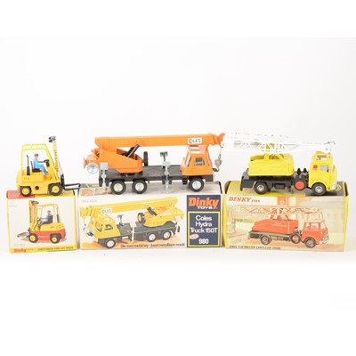 Lot 162 - Dinky Toys; 980 Coles Hydra truck 150T in orange, 970 Jones Fleetmaster Cantilever Crane, in yellow, and a 404 forklift truck, all boxed
