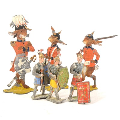 Lot 176 - Berliner Zinnfiguren type flat-ware lead painted figures; three hares in millitary outfits, tallest being 9cm, one with a drum, and three others cast lead painted figures